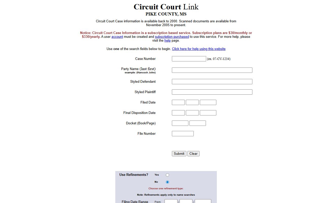 Delta Computer Systems Pike County Circuit Court docket search fields
