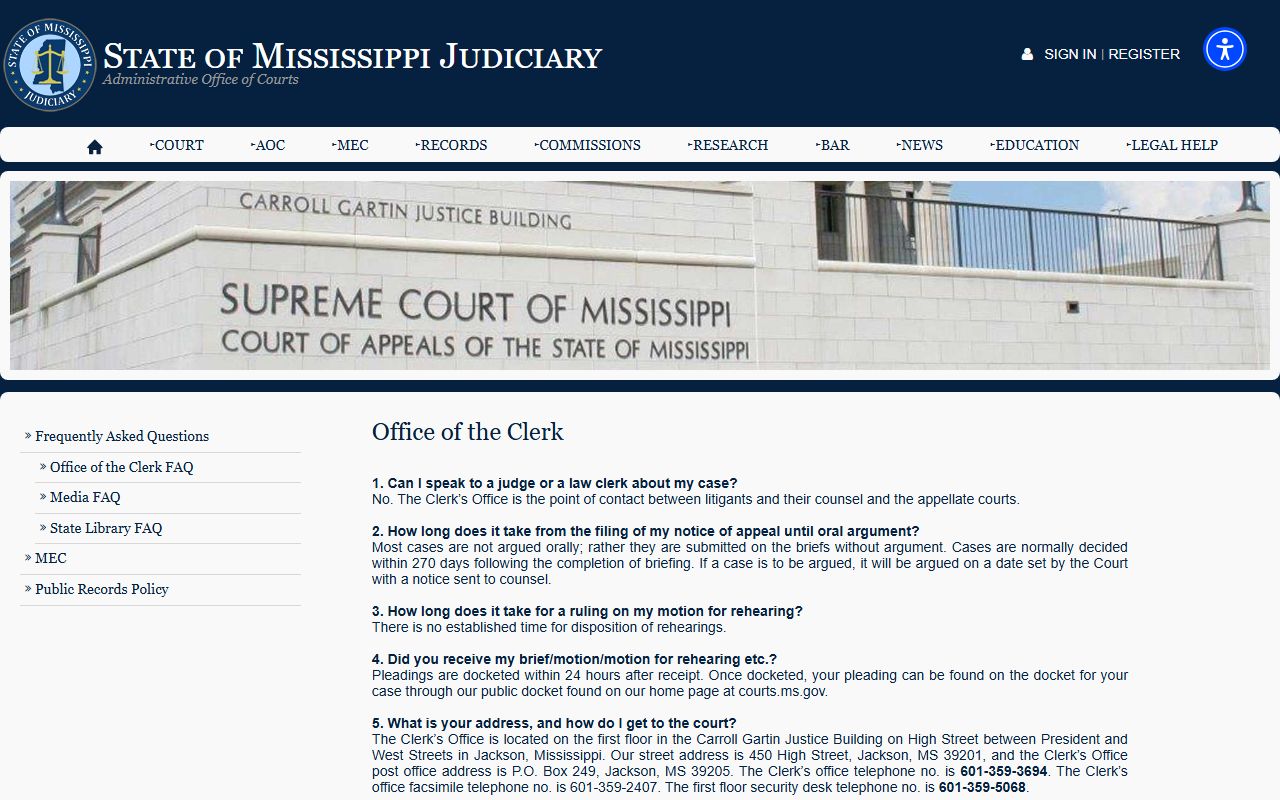 Mississippi Judiciary Office of the Clerk records FAQ for Pike County court dockets