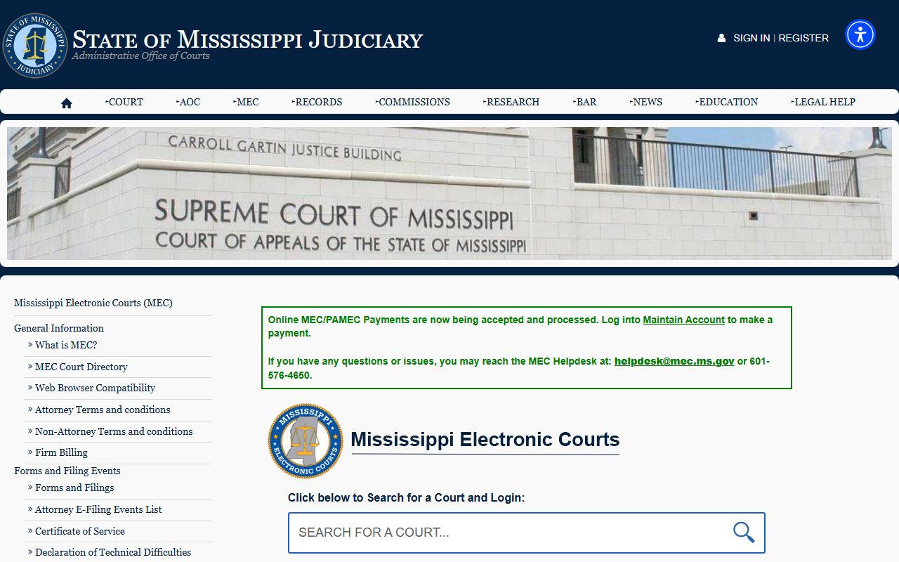 Pike County court records search on the Mississippi Electronic Courts entry page