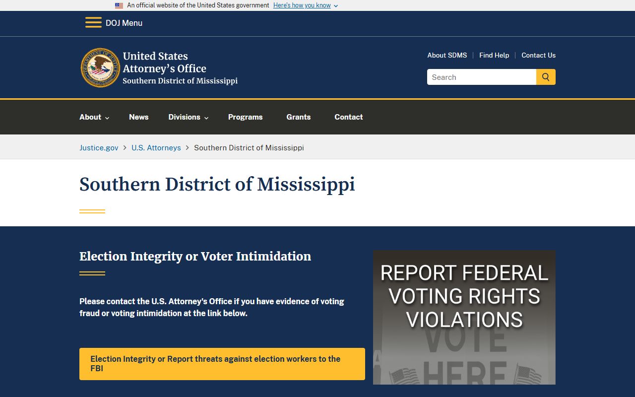 U.S. Attorney's Office for the Southern District of Mississippi handling federal Pike County criminal court records