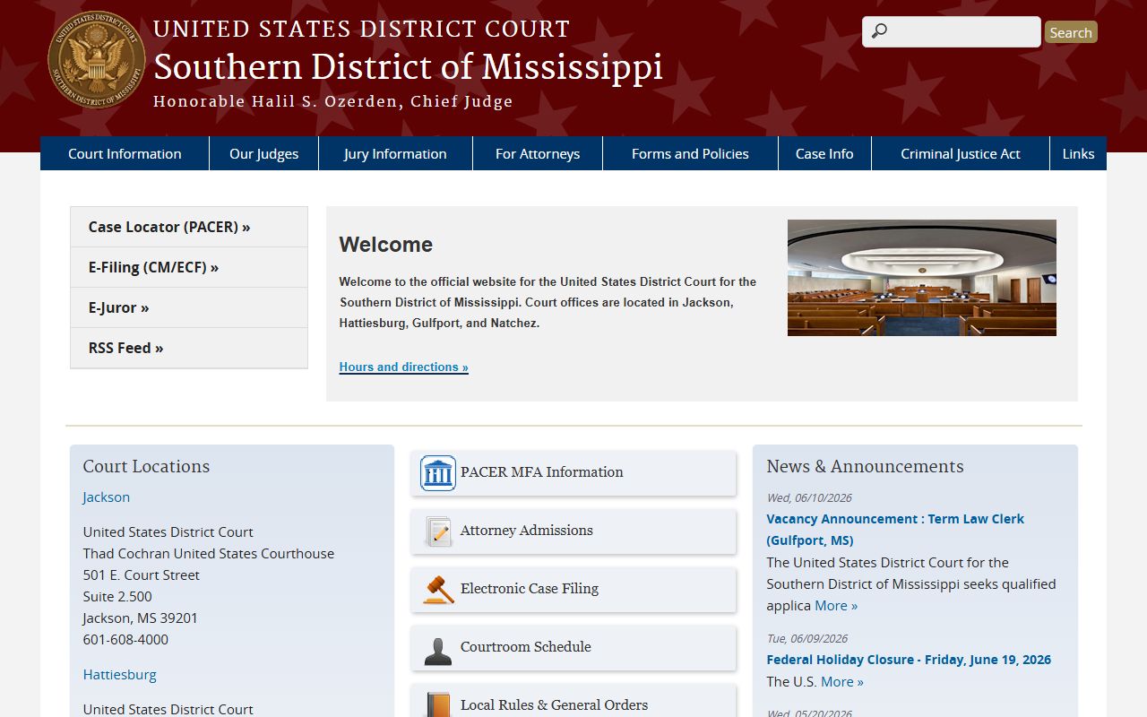 Southern District of Mississippi homepage for Pike County federal court records