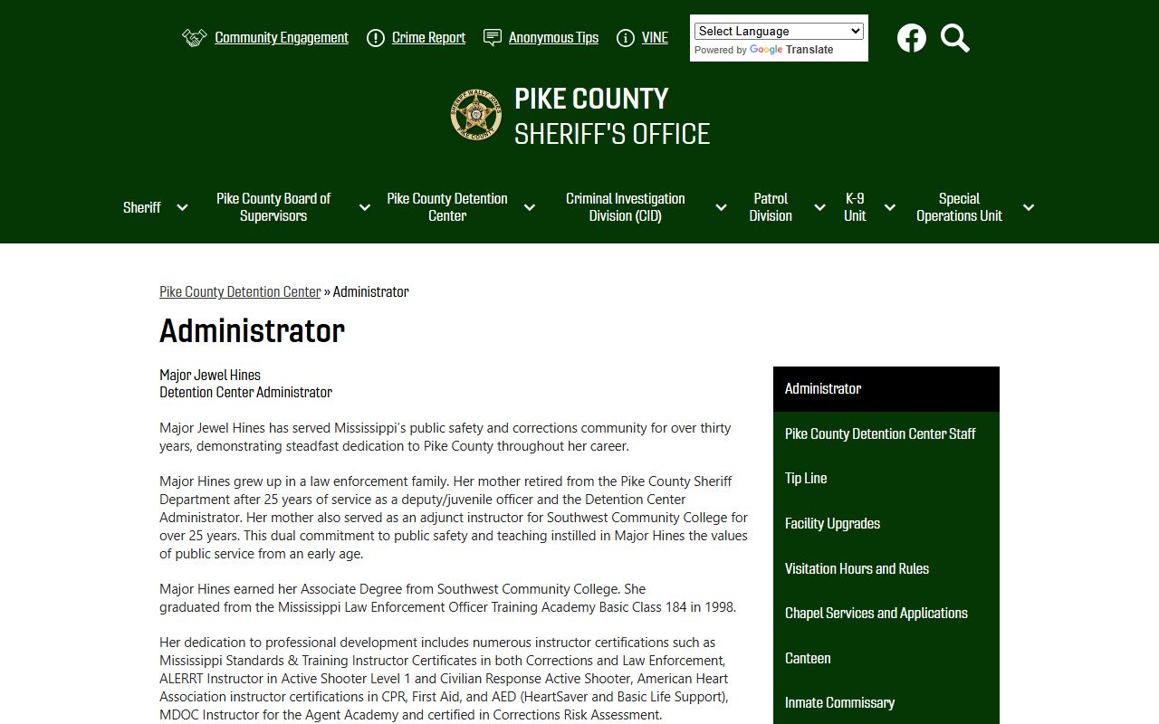 Pike County Detention Center Administrator page for the county jail
