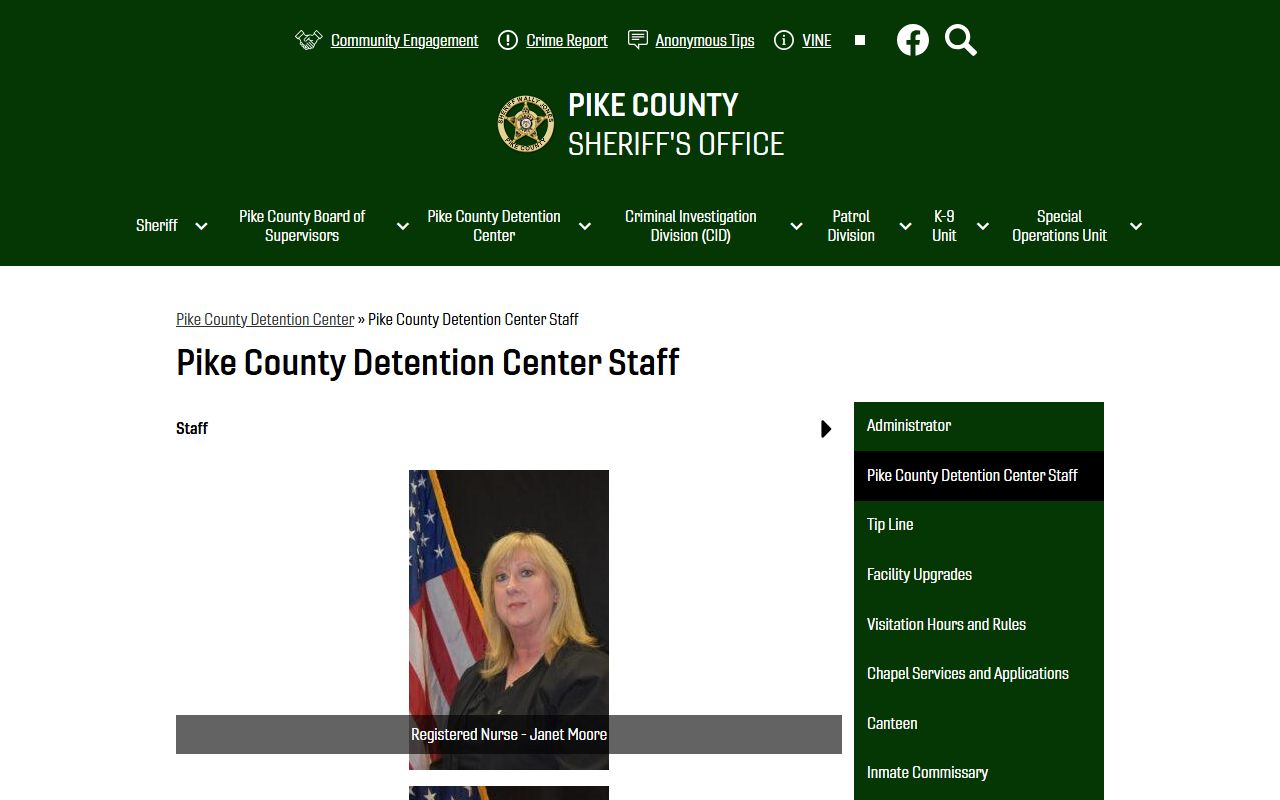 Pike County Detention Center staff page listing jail leadership