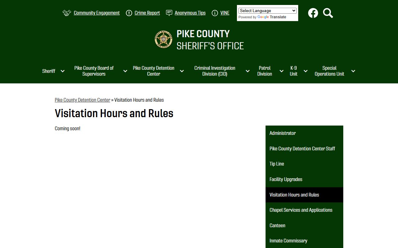 Pike County Detention Center visitation page for the county jail
