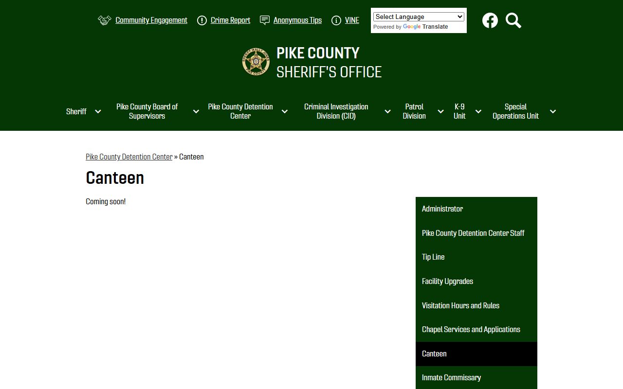 Pike County Detention Center canteen page for the county jail