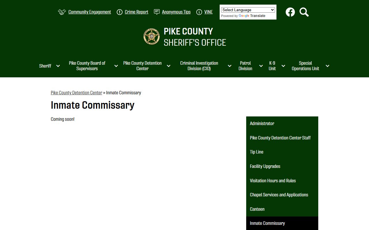 Pike County inmate commissary page for the county jail