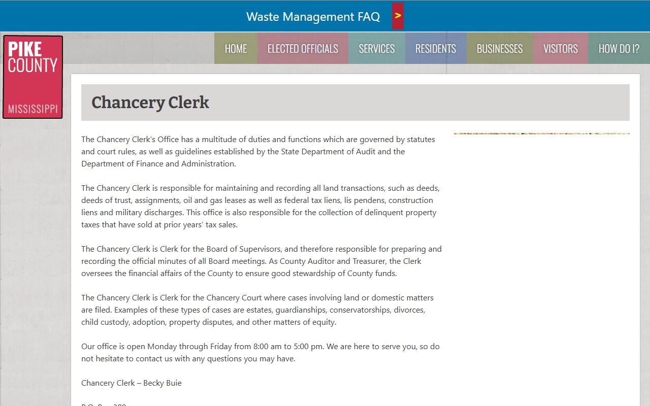 Pike County Chancery Clerk page describing divorce and domestic-matter records
