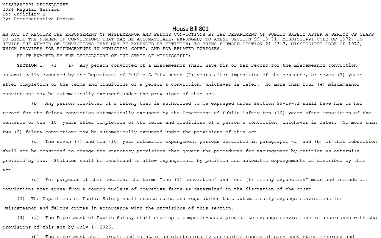 Mississippi expunction legislation page referenced for Pike County sealed family and criminal records